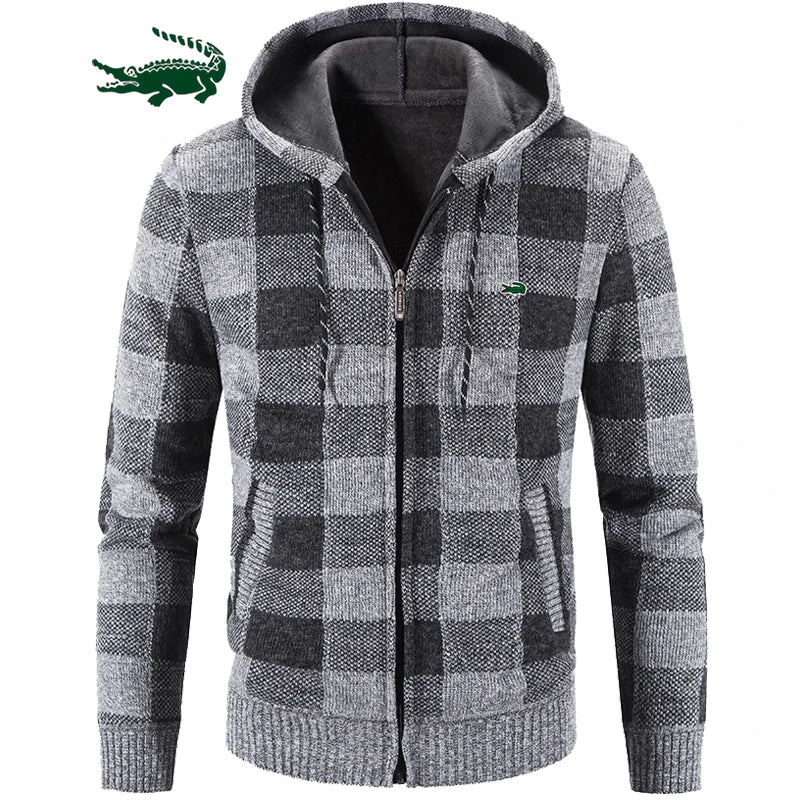 2023 Men Sweater Jacket Fashion Winter Coat Fleece Hoodies High Quality Luxury Checkered Hooded Knit Cardigan Male Outer Wear