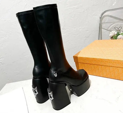 Spring Summer skinny high heels runway Naked Wolfe Spice Black Stretch Knee-High Boots platform metal wolfe head women shoes