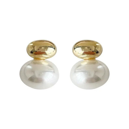 2023 New French Elegant Gold Color Bean Spliced Flat Pearl Earrings for Korean Fashion Jewelry Party Women's Sweet Accessories