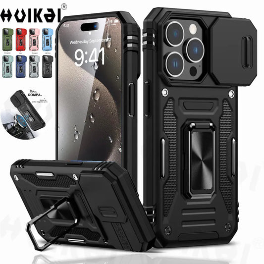 Slide Camera Case For iPhone 15 Pro Max 14 13 12 Pro Max 11 XR XS Max X 8 7 Ring Stand Armor Anti-fall Protection Kickstand Cove