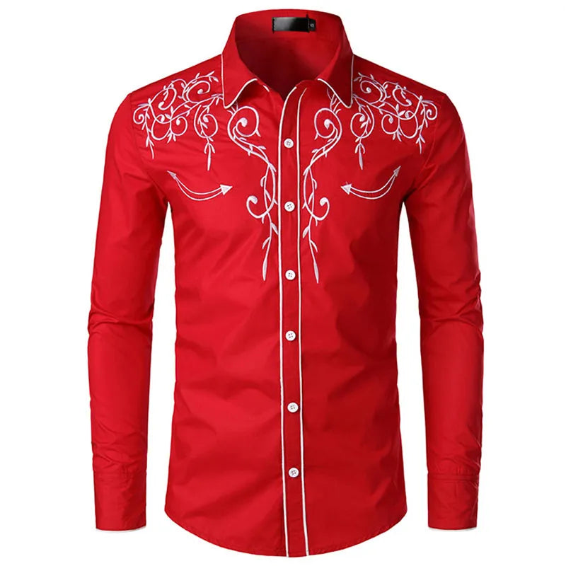 Western Cowboy Embroidery Shirts Men Casual Long Sleeve Slim Fit Shirt Male Wedding Party Social Men's Club Prom Chemise Homme