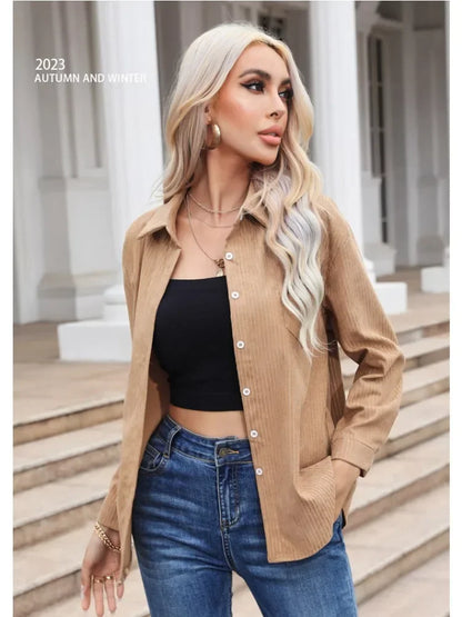 2024 Spring New Casual Corduroy Shirt Women Office Lady Shirts Fashion Female Long Sleeve Loose Solid Blouse Top S-XL Streetwear