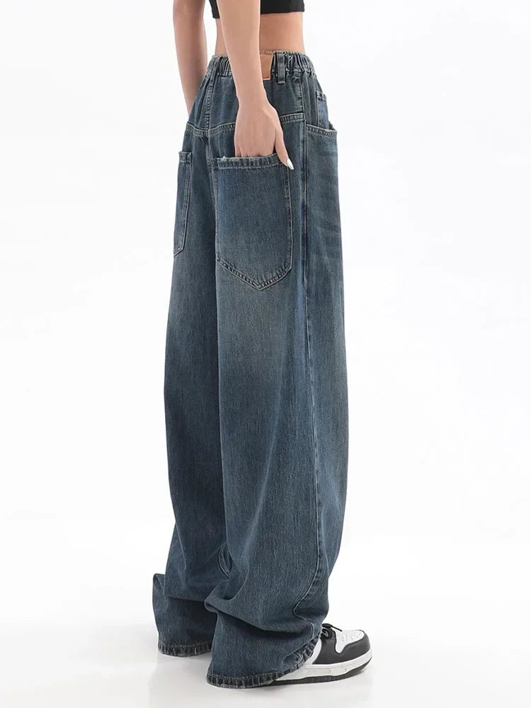 Spring Women Vintage Baggy Jeans Elastic Waist Oversized American Trouser Denim Wide Leg Streetwear Straight Basic Pants Y2k