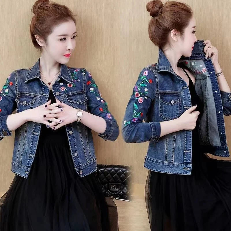 Women Floral Embroidery Short Denim Jacket 2023 Lady Elegant Single Breasted Slim Jeans Coat Spring Autumn Outwear Basic Jacket