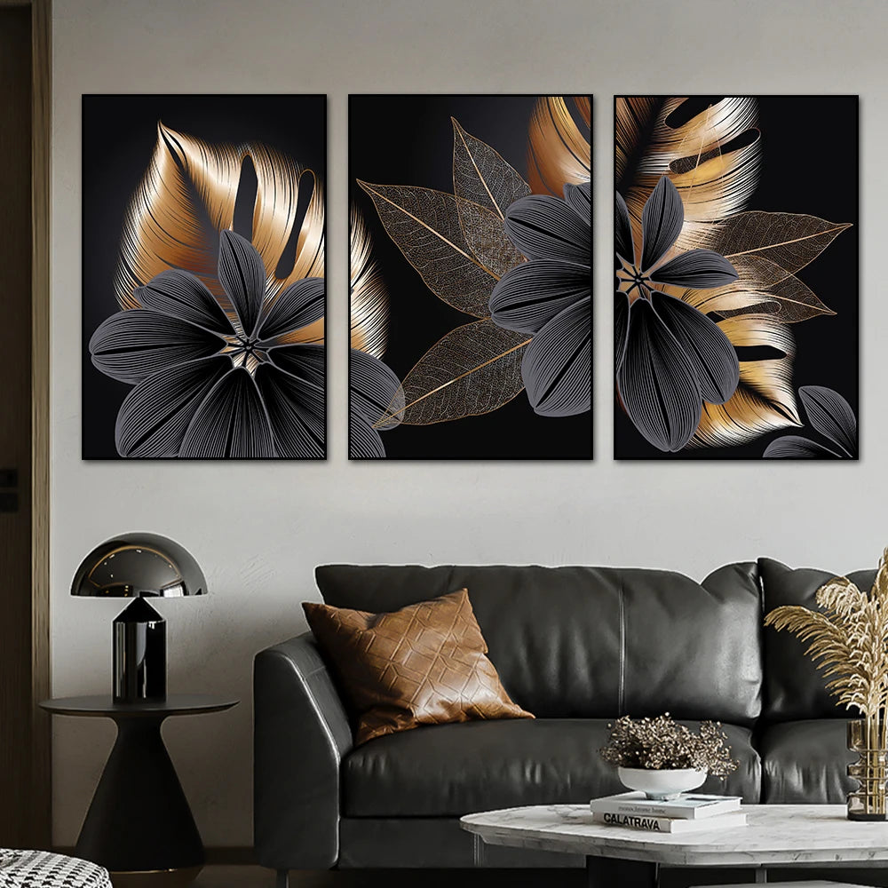 Modern Abstract Wall Art Poster Prints Black Golden Plant Leaf  Canvas Painting Nordic Picture For Room Home Decoration