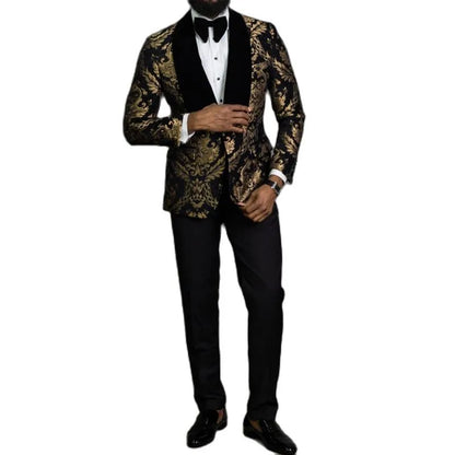 Black Floral Jacquard Men Suits for Prom 2 Piece Slim Fit with Velvet Shawl Lapel Wedding Groom Tuxedo Male Fashion Clothes 2023 - MAGNET MARKET