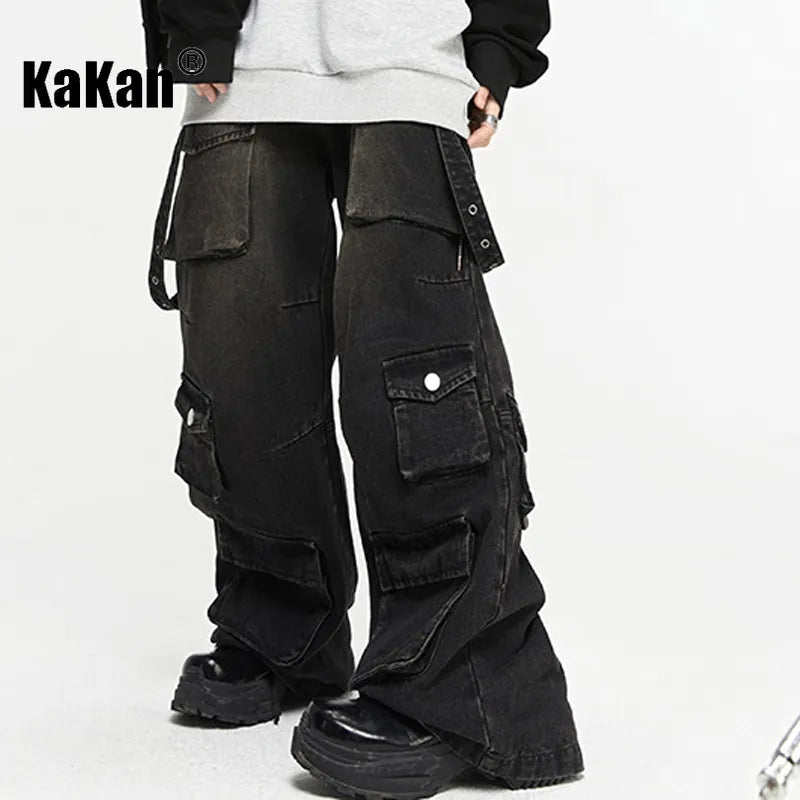 Kakan - American New High Street Multi Pocket Vintage Jeans Men's Wear, Personalized Wide Leg Pants Loose Jeans K27 - MAGNET MARKET