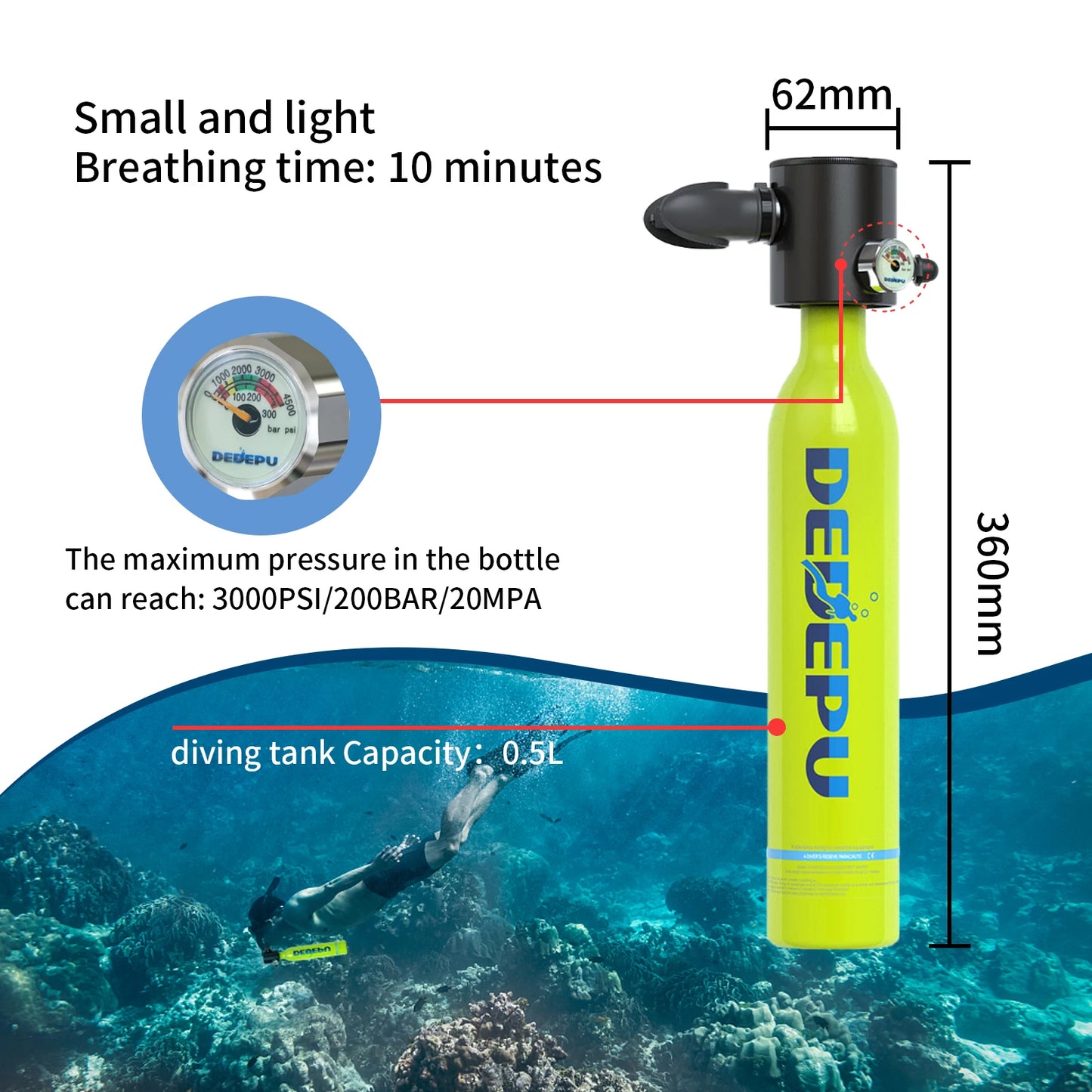 DEDEPU Mini Scuba Tank Diving Equipment Underwater Diving Cylinder Inflator 0.5L Outdoor Oxygen Tank 5-10 Minutes Spearfishing