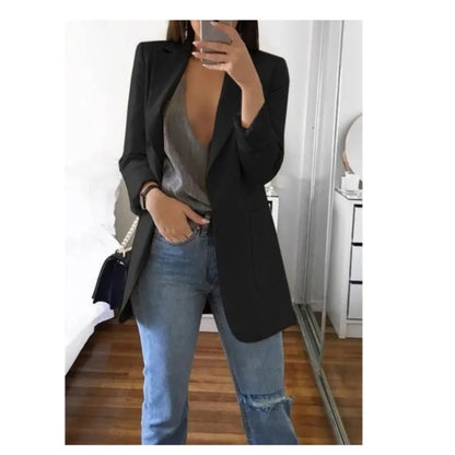 Autumn And Winter Women's Fashion Solid Color Polo Neck Slim Fit Coat Elegant Women's Long Sleeve Pocket Casual Suit Coat S-5XL