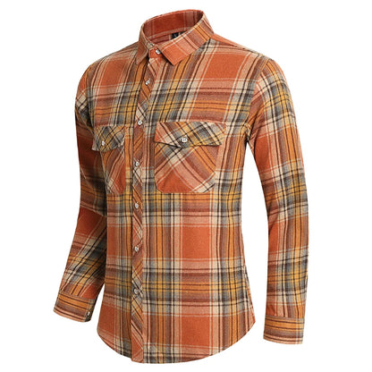 Plaid Shirt Autumn Men Long Sleeve Vinatge Orange Double Pocket Camisas Social Business Button Shirts Mens Elegant Streetwear