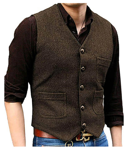 Men's Suit Formal V Neck Wool Herringbone Tweed Casual Waistcoat Formal Business Vest Groomman For Wedding Green/Black/Brown - MAGNET MARKET