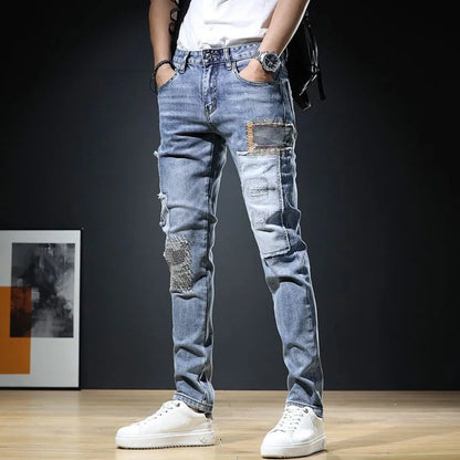 2023 Men Stylish Ripped Jeans Pants Slim Straight Frayed Denim Clothes Men New Fashion Skinny Trousers Clothes Pantalones Hombre