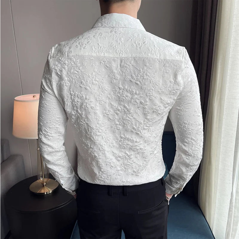 Luxury Vintage Jacquard Shirt 2023 Spring Long Sleeve Slim Fit Casual Tuxedo Fashion Man Wedding social Shirts Plus Size 4XL-M