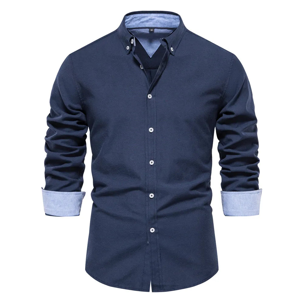 2023 New Autumn Oxford Shirt For Men Long Sleeve Solid Color Social Shirts Cotton Turn-down Collar Blouse Men Designer Clothes