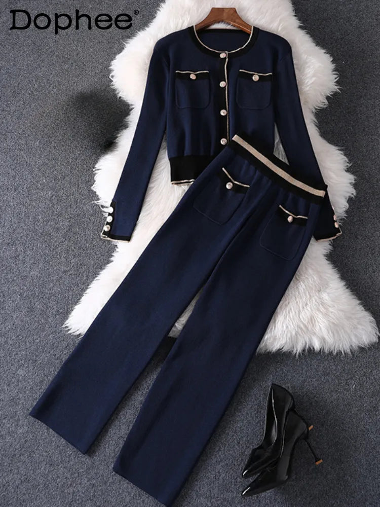 Knitting Suit Female 2023 Fall Winter Fashion Temperament Round Neck Long Sleeve Sweater Wide-Leg Pants Two-Piece Sets Women