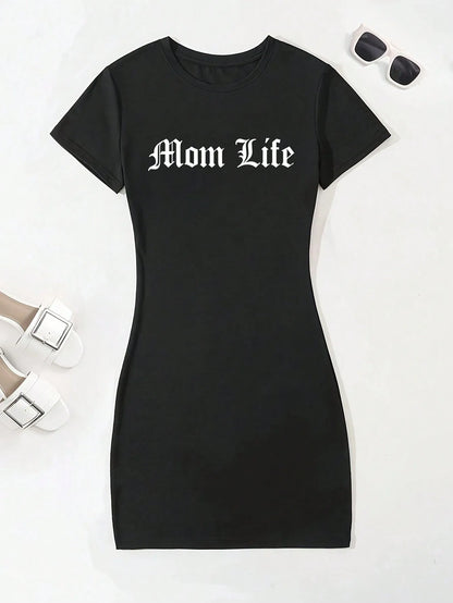 Women's Summer Bodycon Elegant Sexy Round Neck Short Sleeve Fashionable Versatile Slim Dress Lettering Print A-line hip-hugging