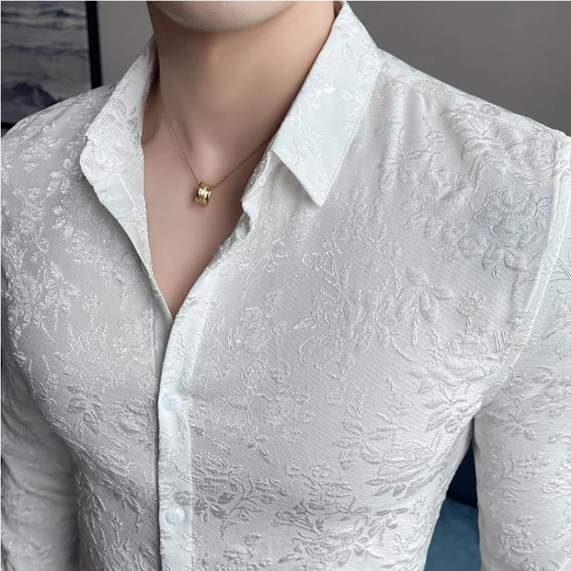 Luxury Vintage Jacquard Shirt 2023 Spring Long Sleeve Slim Fit Casual Tuxedo Fashion Man Wedding social Shirts Plus Size 4XL-M