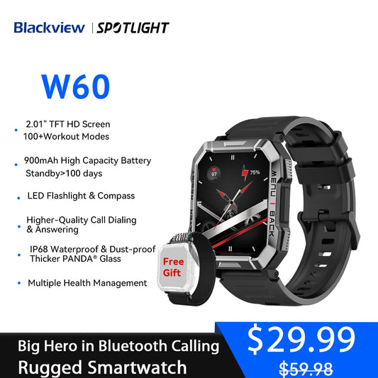 Blackview W60 2024 New Smartwatch 2.01'' HD Display TFT Rugged Smart Watch for Outdoor With Emergency Lighting Bluetooth Calling