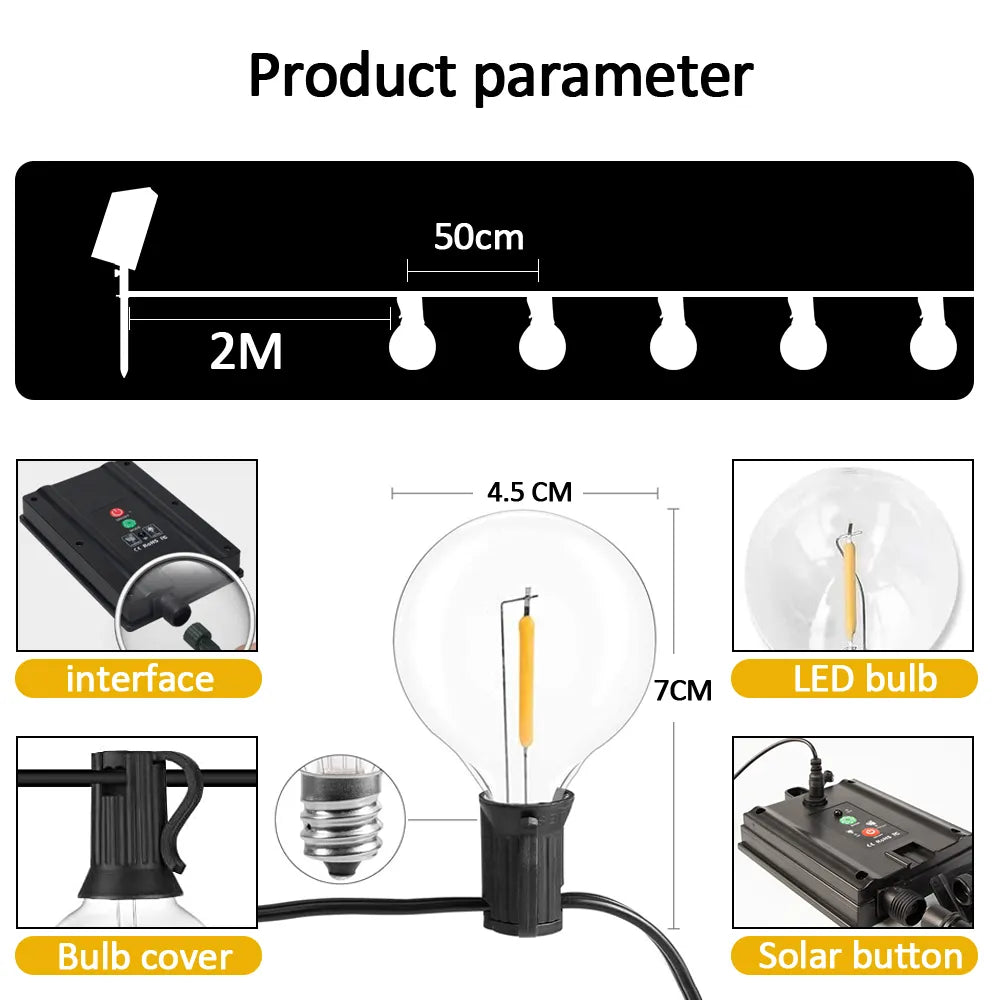 Solar String Lights Outdoor G40 Patio Lights - USB Recharger, 8 Light Modes, Shatterproof Bulbs, Weatherproof Hanging Light - MAGNET MARKET