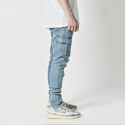 Jeans Men Pants Wash Solid Color Multi Pockets Denim Mid Waist Cargo Jeans Plus Size Fahsion Casual Trousers Male Daily Wear - MAGNET MARKET