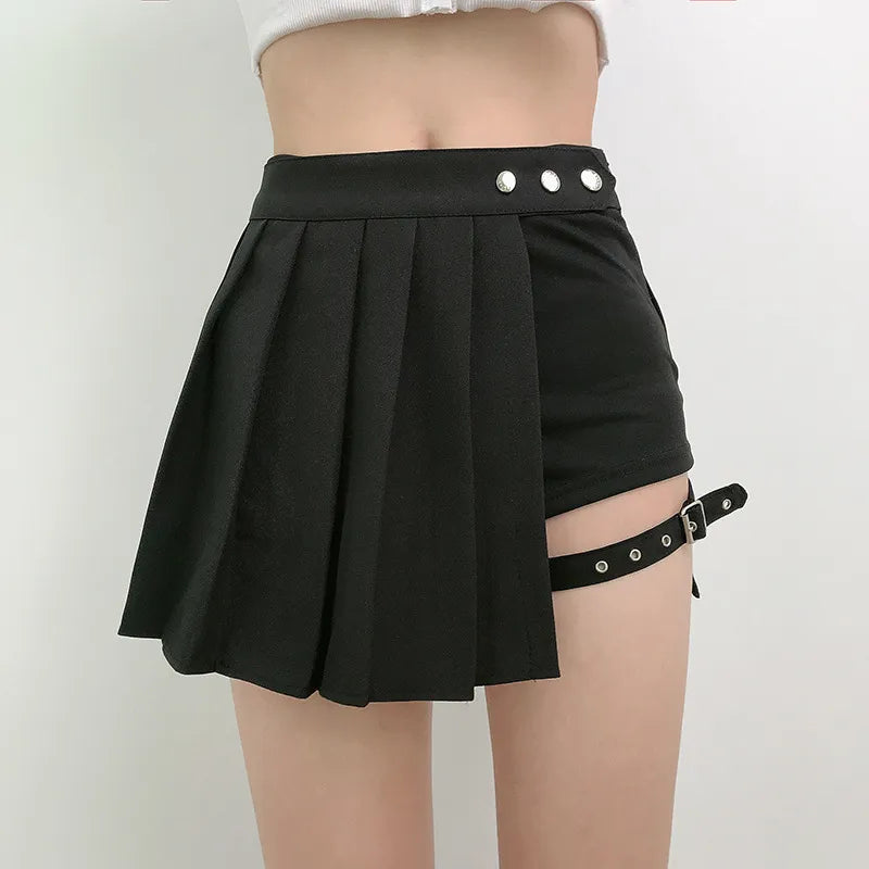 Pleated Girls Gothic Half Skirts Summer Harajuku Punk Style Plaid Irregular Skirts Women Asymmetrical High Waist Black Skirts