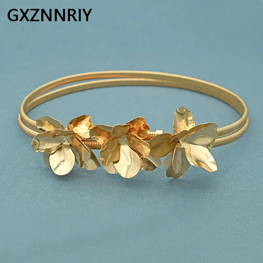 Fashion Copper Flower Belts for Women Accessories Party Gold Color Elastic Metal Luxury Trendy Dress Rhinestone Belt Prom Gift