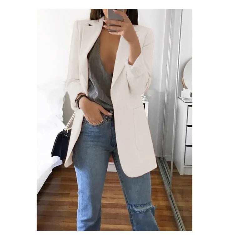 Autumn And Winter Women's Fashion Solid Color Polo Neck Slim Fit Coat Elegant Women's Long Sleeve Pocket Casual Suit Coat S-5XL