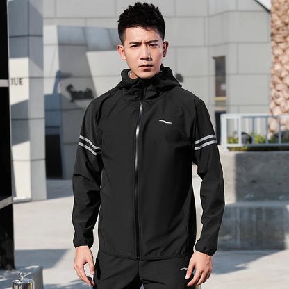 Running Jacket Men Zipper Hooded Long Sleeve Sportswear Gym Fitness Training Weight Loss Sweating Sauna Sport Active Wear Tops