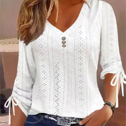 2023 Autumn/Winter Women's Fashion White Jacquard Button Long Sleeve T-shirt Elegant Women's V-neck Lace Loose Casual Top S-3XL