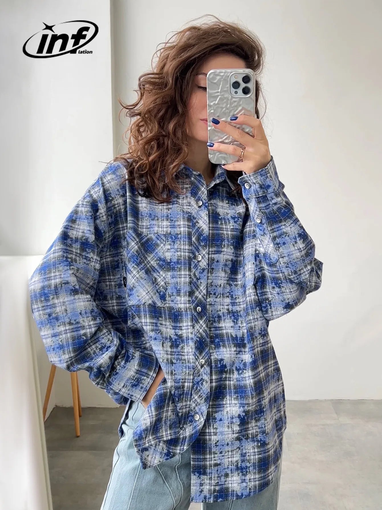 INFLATION Brushed Check Shirts Men Blue Plaid Long Sleeve Oversized Shirts Male Plus Size