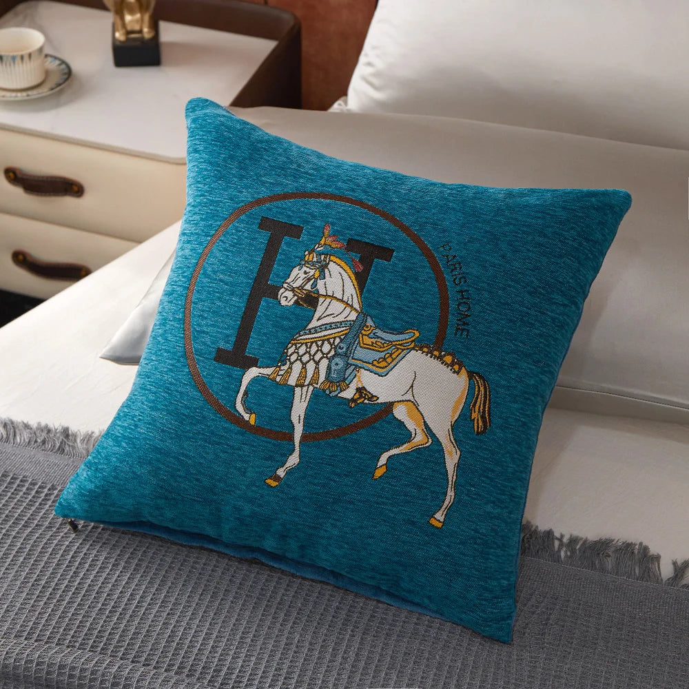 Chenille Cushion Cover 45*45cm Horse Embroidered Jacquard Pillow Case Home Decorative Letter Pillowcase Office Sofa Pillow Cover