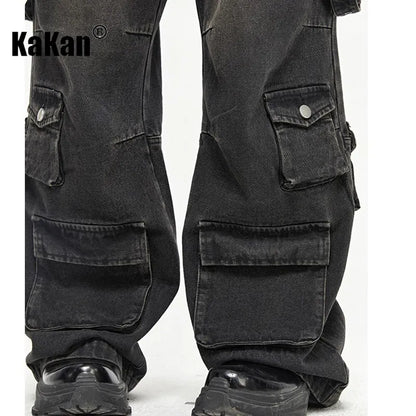 Kakan - American New High Street Multi Pocket Vintage Jeans Men's Wear, Personalized Wide Leg Pants Loose Jeans K27 - MAGNET MARKET