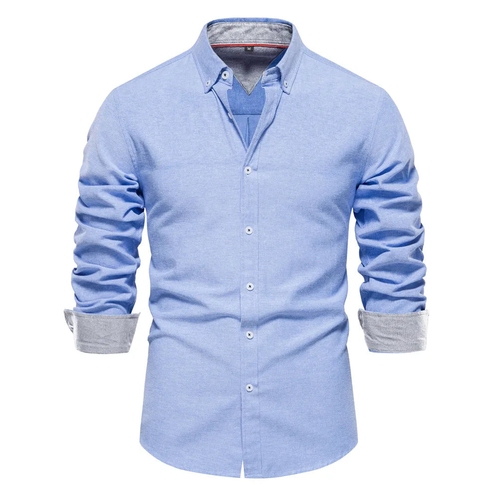 2023 New Autumn Oxford Shirt For Men Long Sleeve Solid Color Social Shirts Cotton Turn-down Collar Blouse Men Designer Clothes