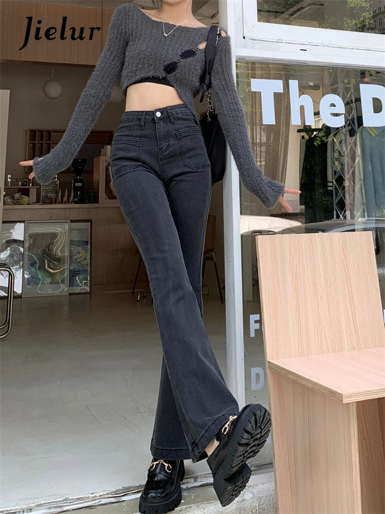 Jielur Black High Waist Flare Jeans Female Autumn Korean New Fashion Retro Loose Denim Pants Lady Straight Jeans Women S-XL