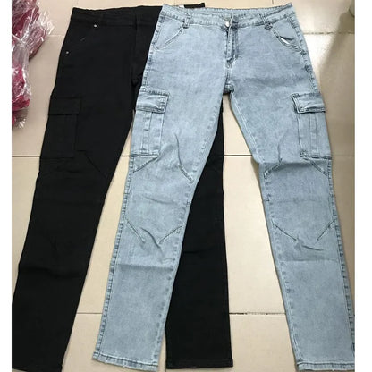 Jeans Men Pants Wash Solid Color Multi Pockets Denim Mid Waist Cargo Jeans Plus Size Fahsion Casual Trousers Male Daily Wear - MAGNET MARKET