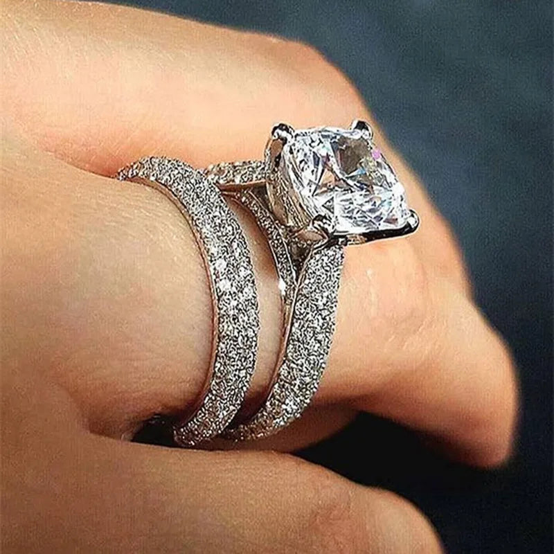 925 Sterling Silver Women 3Pcs Match Rings Sparkling Diamond Luxury Trendy Wedding Engagement Accessories Hot Jewelry Set