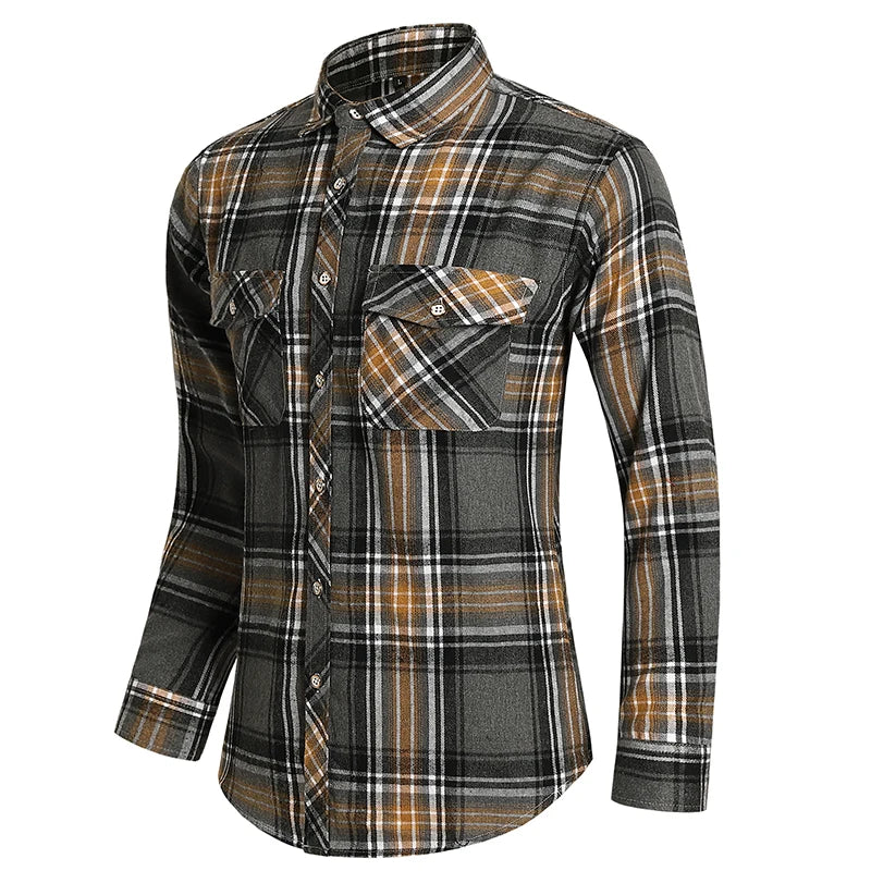 Plaid Shirt Autumn Men Long Sleeve Vinatge Orange Double Pocket Camisas Social Business Button Shirts Mens Elegant Streetwear