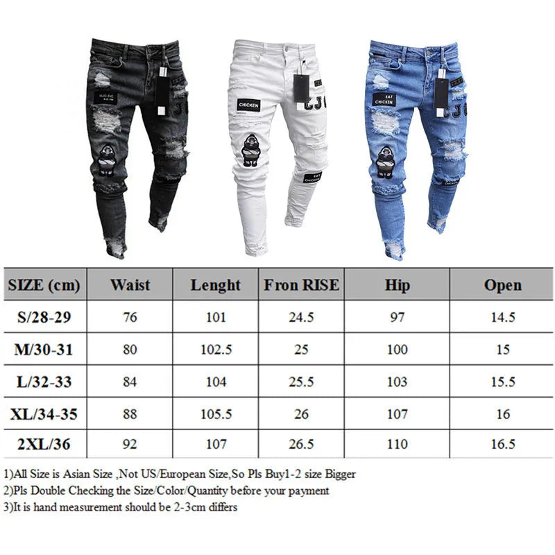 White Embroidery Jeans Men Cotton Stretchy Ripped Skinny Jeans High Quality Hip Hop Black Hole Slim Fit Oversize Denim Pants - MAGNET MARKET