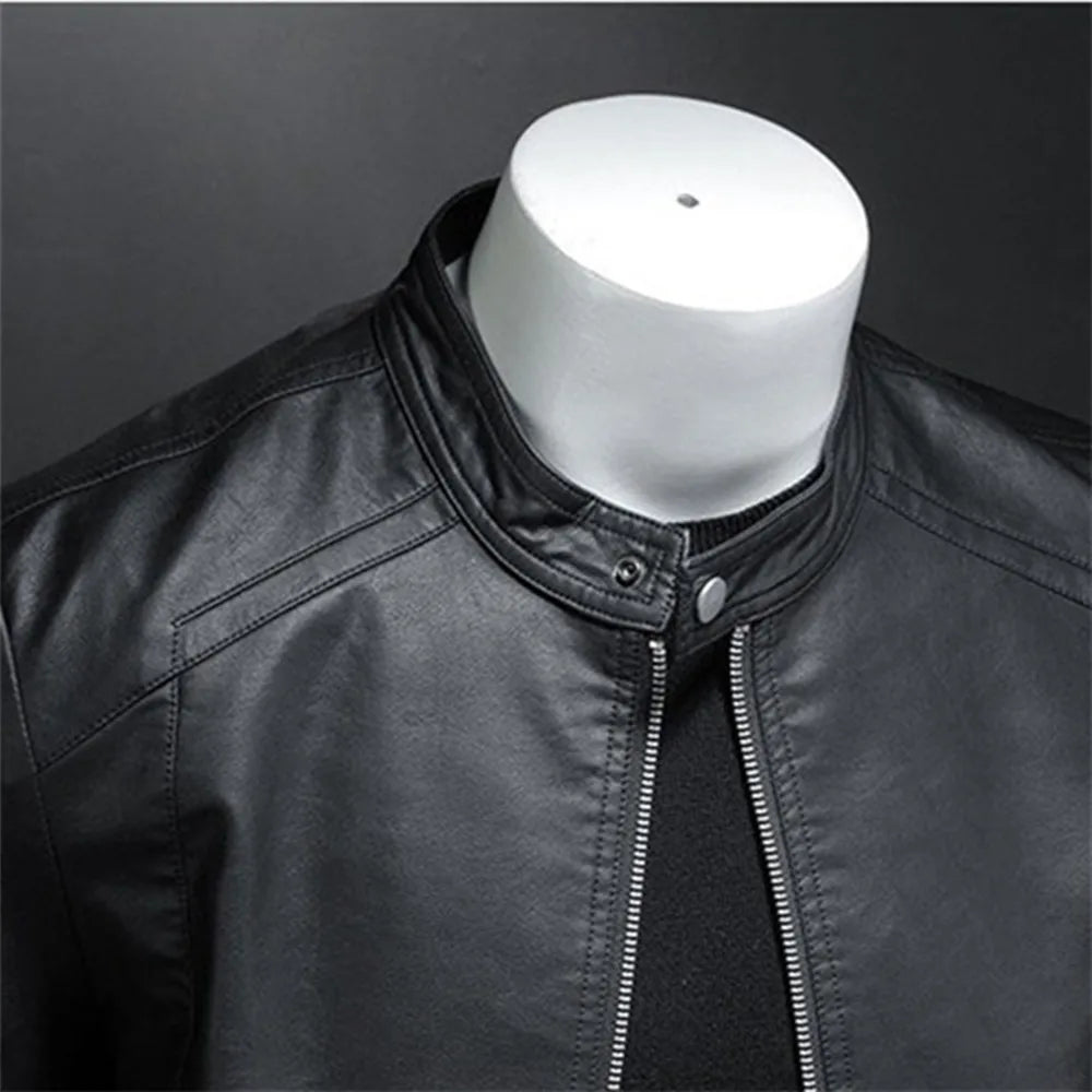 Spring Autumn Leather Jacket Men Stand Collar Slim Pu Leather Jacket Fashion Motorcycle Causal Coat Mens Moto Biker Leather Coat