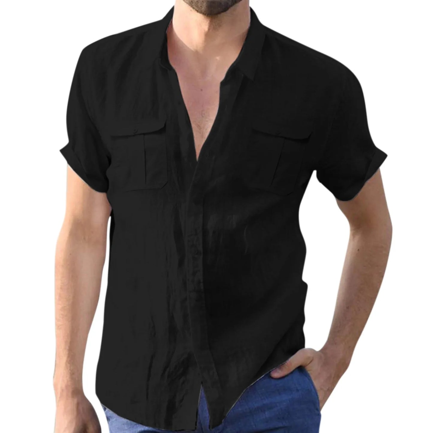 Male Casual Pure White Top Shirt Double Pocket Short Sleeves Elegant Turn-Down Collar Shirt Button Formal Shirt Undershirt Men