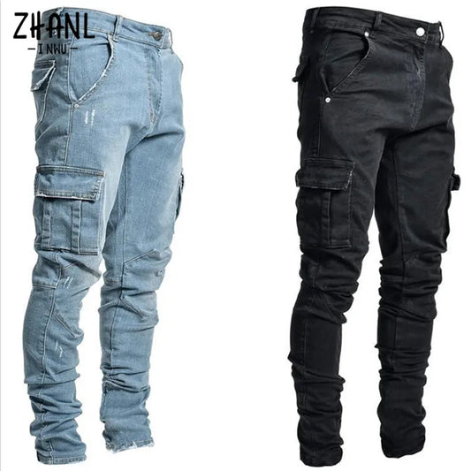 Jeans Men Pants Wash Solid Color Multi Pockets Denim Mid Waist Cargo Jeans Plus Size Fahsion Casual Trousers Male Daily Wear - MAGNET MARKET