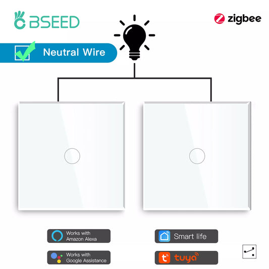 BSEED Zigbee Switch Wall Smart Light Switch 1Gang 2Way For Staircase Work With Tuya Alexa Smart Home App Neutral Wire 2Pack