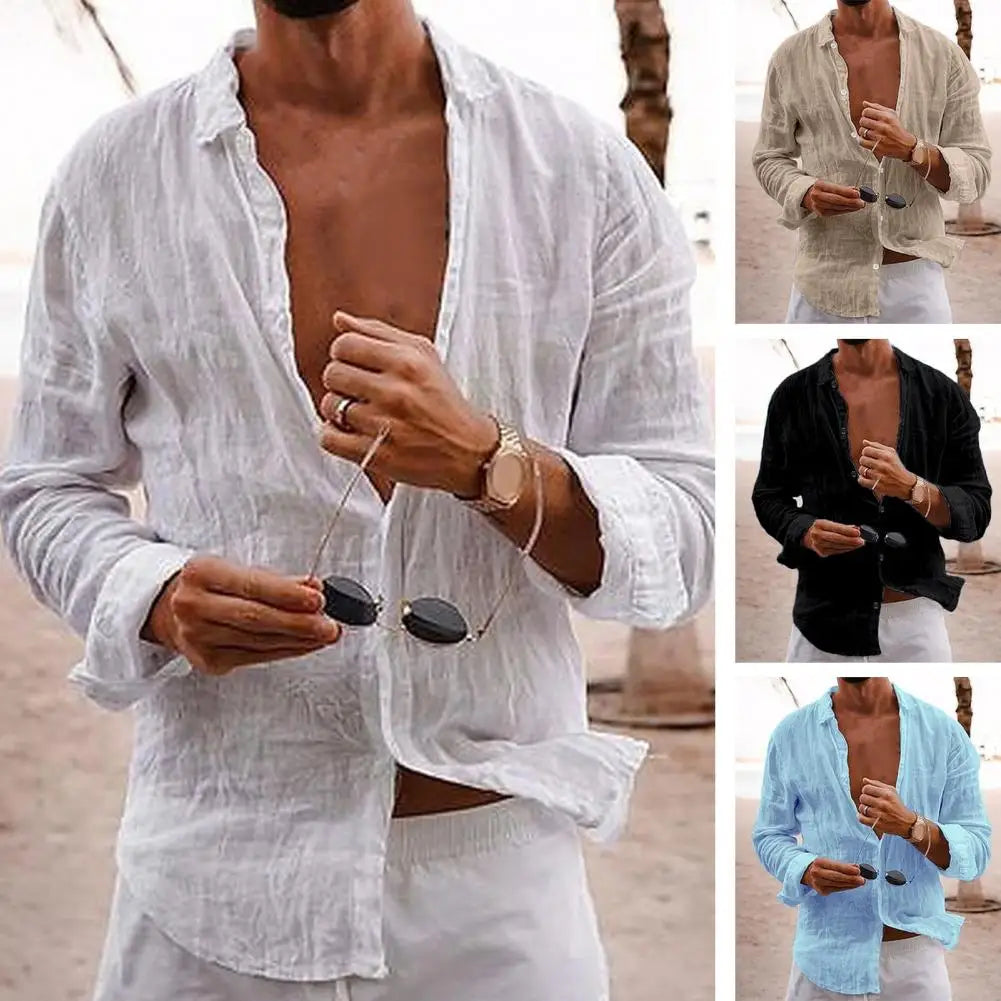 Men Shirt Lapel Pleated Long Sleeve Shirt Tops Solid Color Single Breasted V-neck Casual Shirt