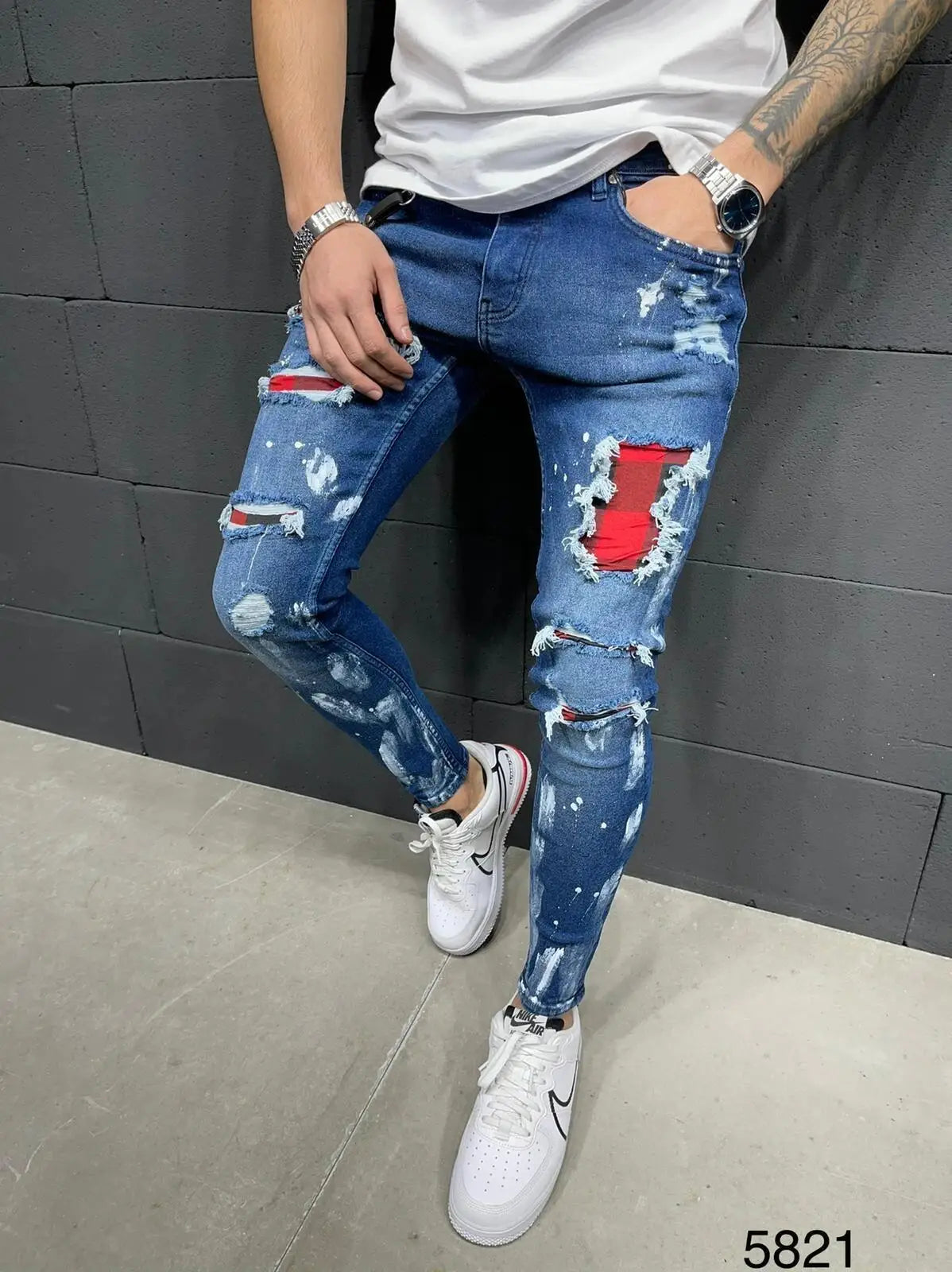 White Embroidery Jeans Men Cotton Stretchy Ripped Skinny Jeans High Quality Hip Hop Black Hole Slim Fit Oversize Denim Pants - MAGNET MARKET