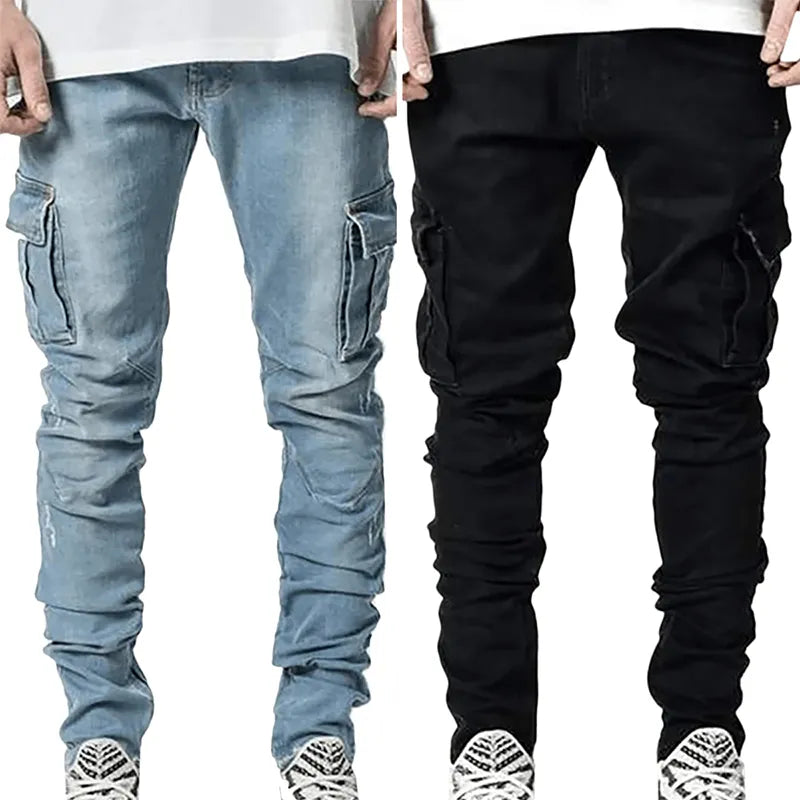 Jeans Men Pants Wash Solid Color Multi Pockets Denim Mid Waist Cargo Jeans Plus Size Fahsion Casual Trousers Male Daily Wear - MAGNET MARKET