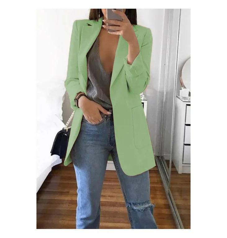 Autumn And Winter Women's Fashion Solid Color Polo Neck Slim Fit Coat Elegant Women's Long Sleeve Pocket Casual Suit Coat S-5XL