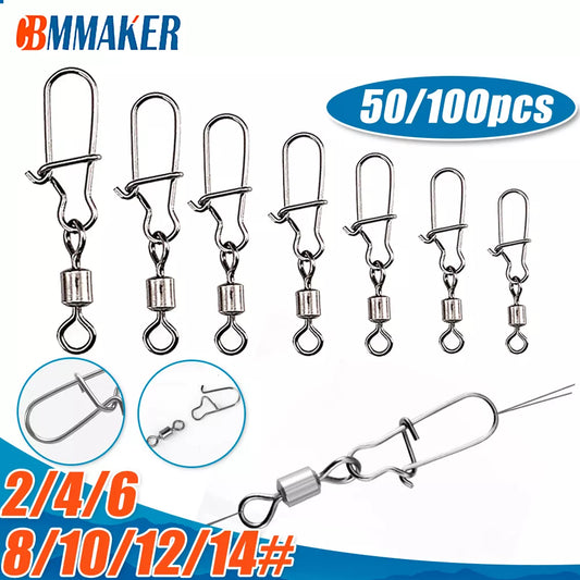 50/100pcs Fishing Connector Stainless Steel Snap Bearing Rolling Fishing Hooks Sea Fishing Lure Multifunction Pin Jig Tackle