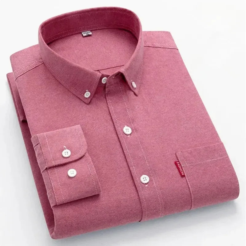 M- 5XL Oxford Shirts For Mens Long Sleeve Cotton Casual Dress Shirts Male Solid Pink Chest Pocket Regular-Fit Man Social Shirt