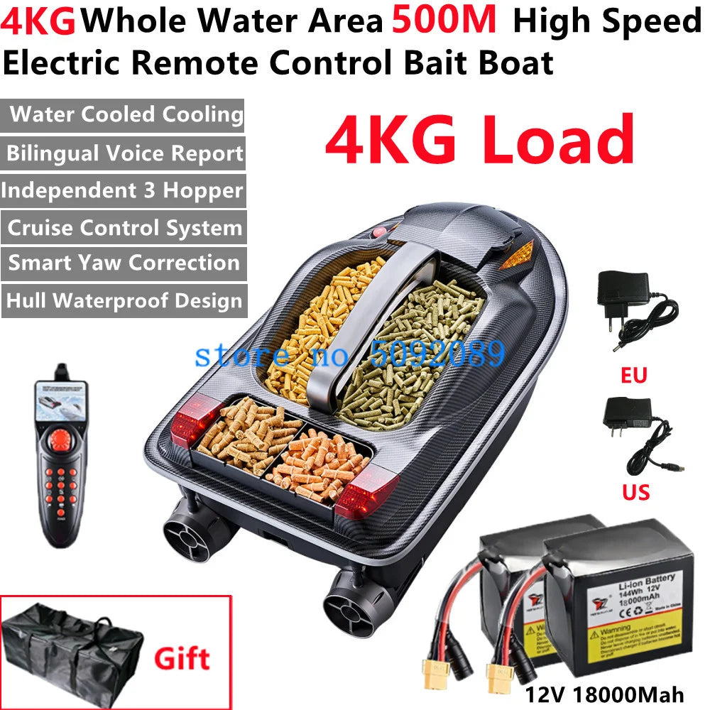 4KG Auto Bait Casting MultiFunction RC Fishing Boat 3Hopper Smart Cruise 500M Voice Broadcast Electric Remote Control Bait Boat