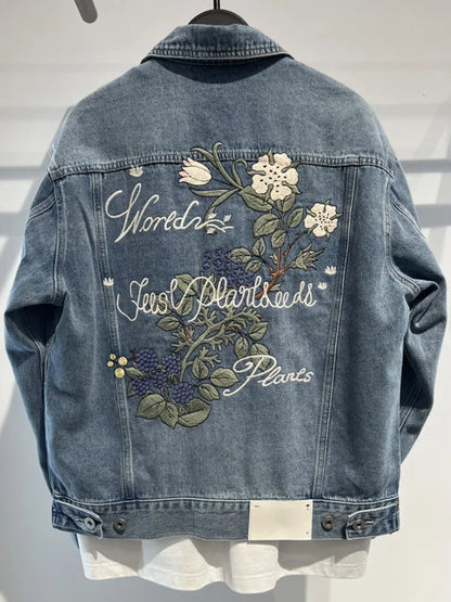 Vintage Plant Flower Embroidery Denim Jacket Men Women Casual Jeans Coat Slim Fit Buttons Up Spring Autumn Long Sleeve Outerwear - MAGNET MARKET